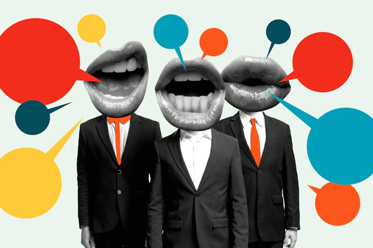 Collage of different faces and bodies talking.