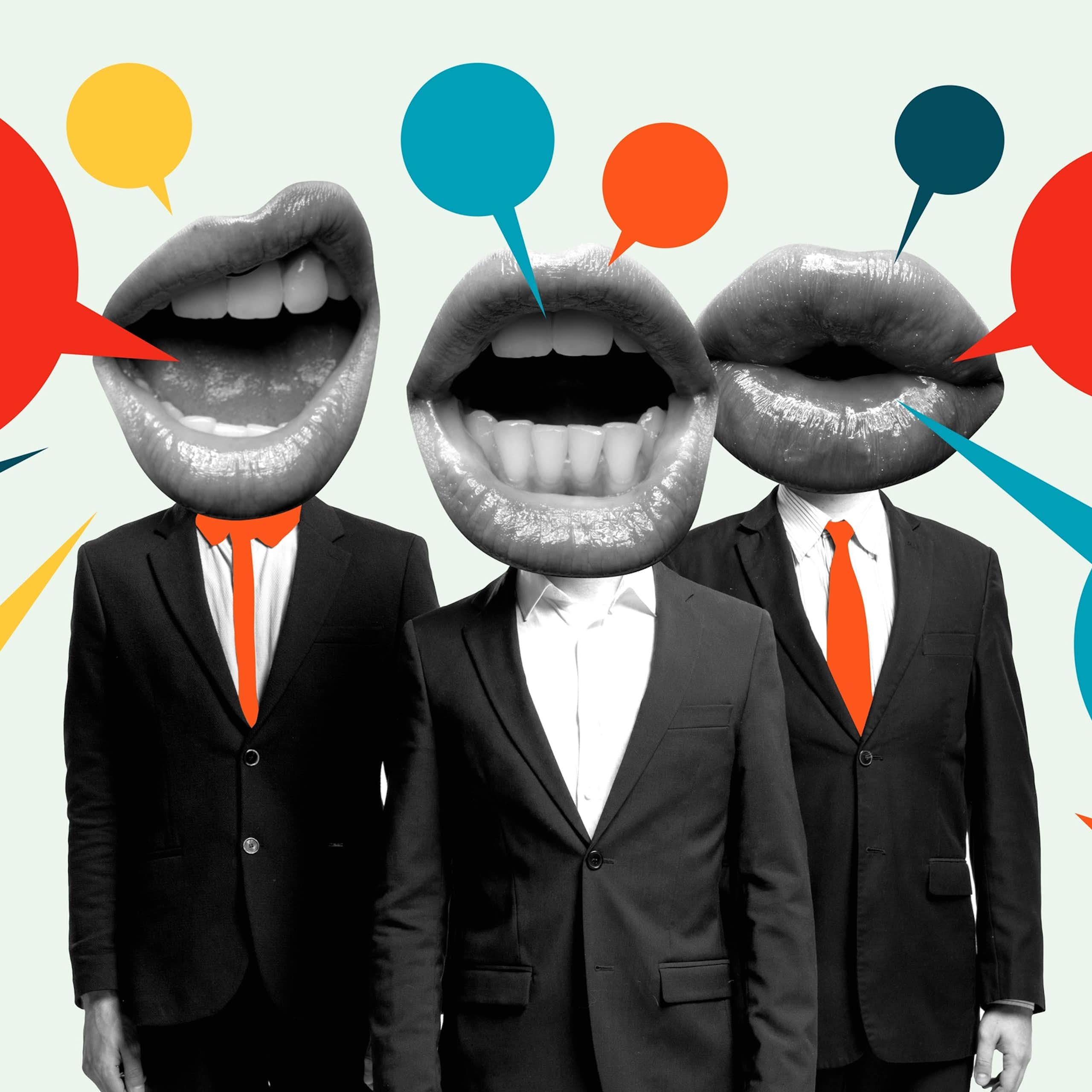 Collage of different faces and bodies talking.