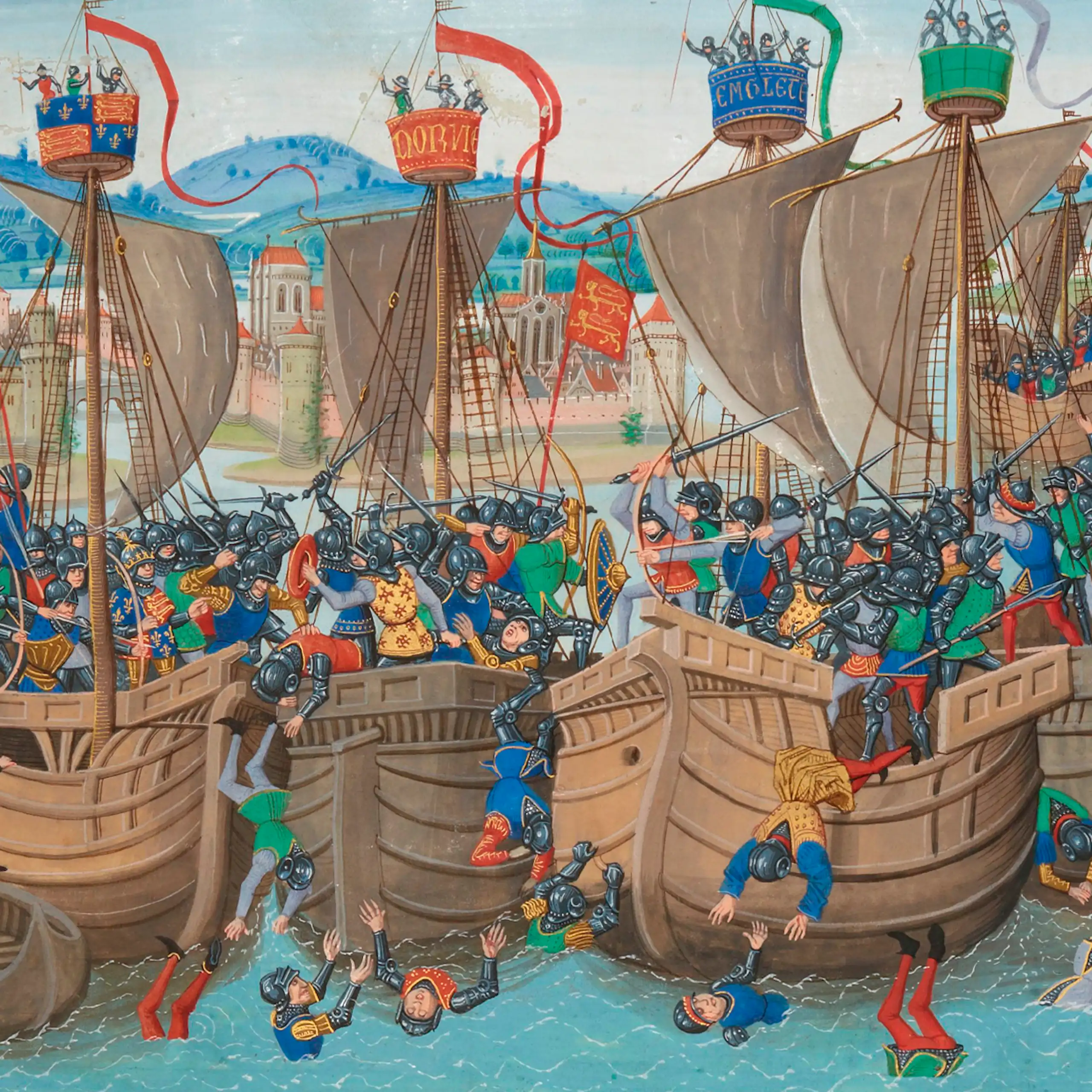 Des soldats médiévaux embarqués sur des bateaux à voile