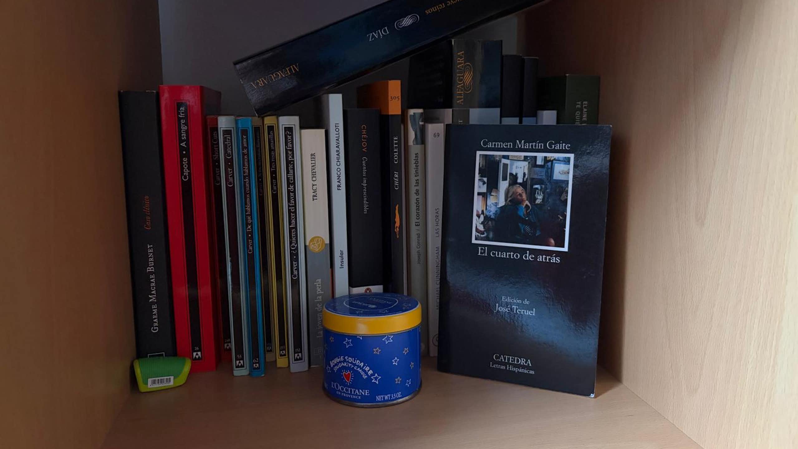 Fotografía del ejemplar del libro en una estantería.