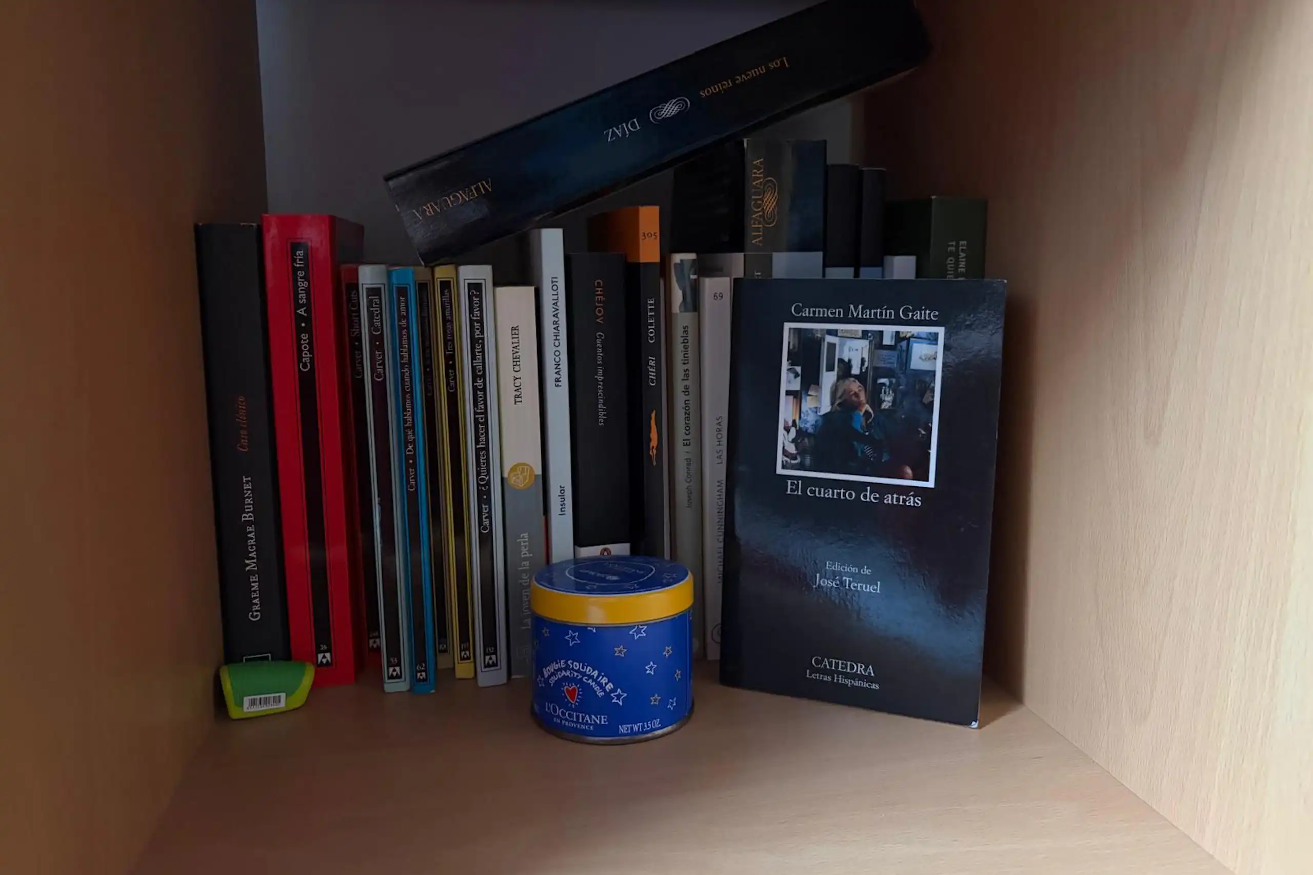 Fotografía del ejemplar del libro en una estantería.