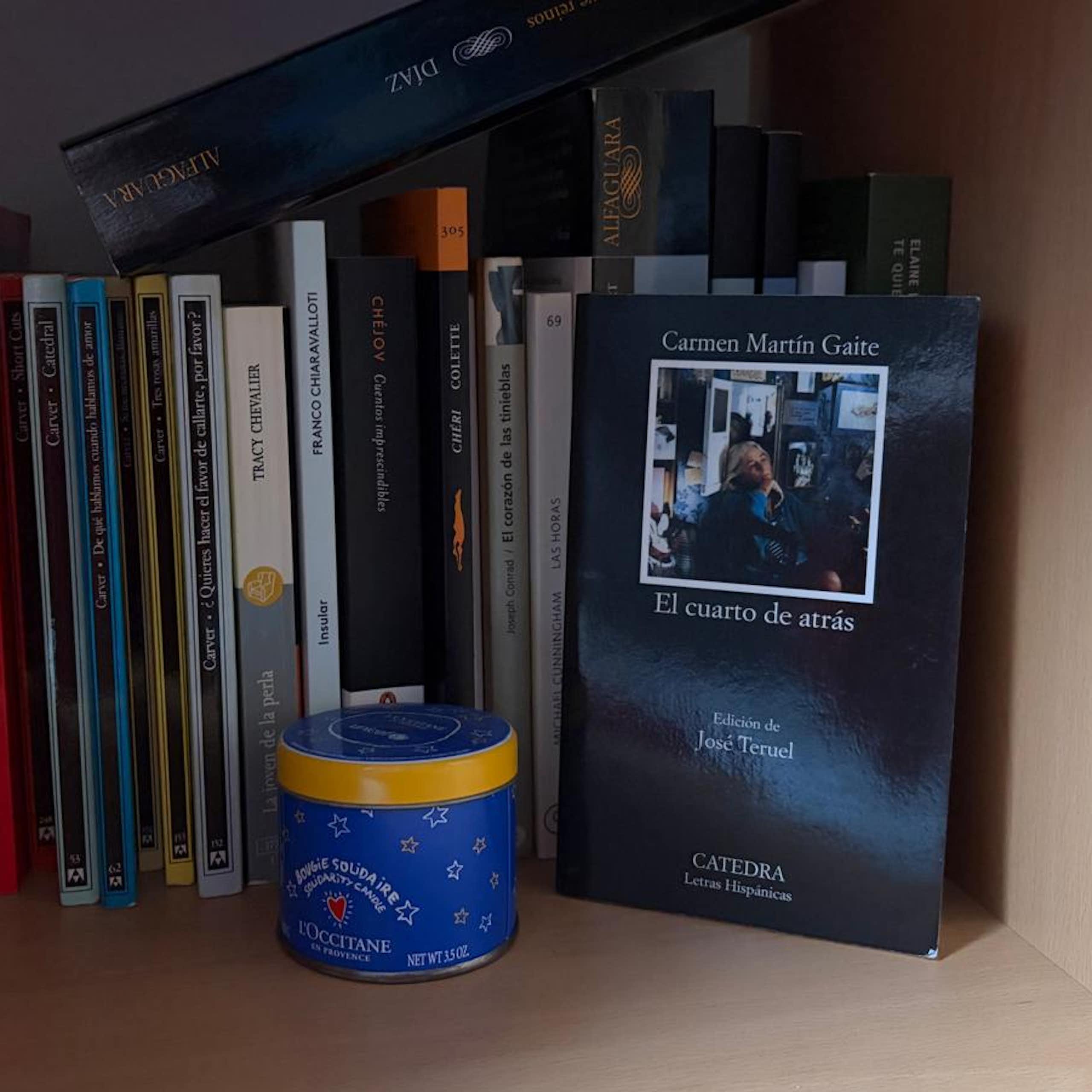 Fotografía del ejemplar del libro en una estantería.