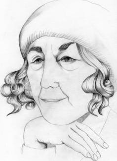 Retrato de una mujer con el pelo corto y un gorro.