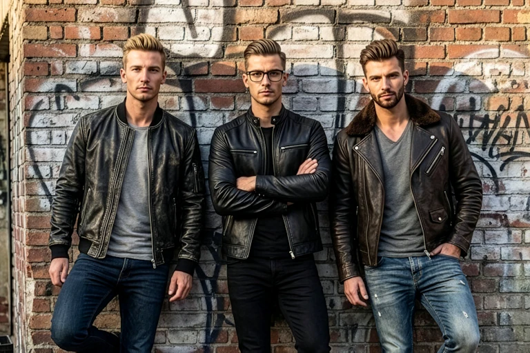 An image of three men looking into the camera, standing against a wall.