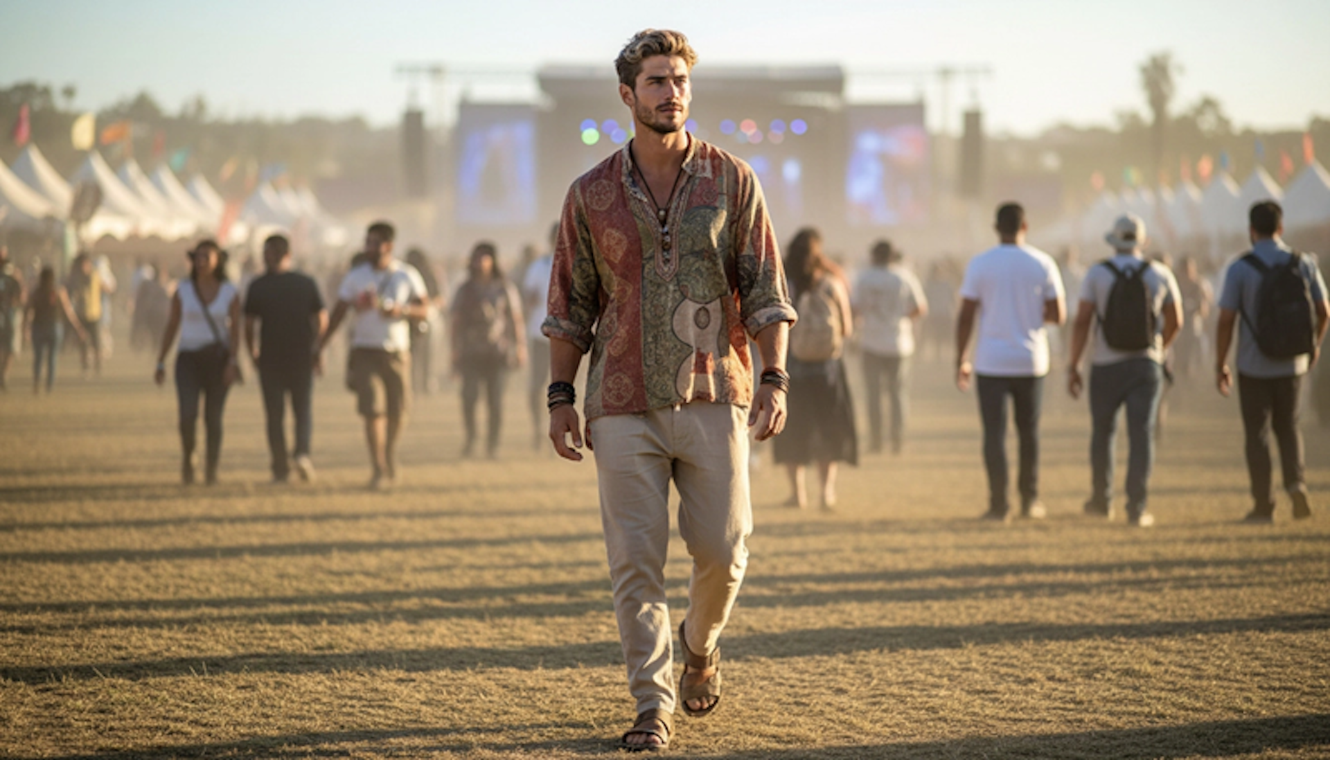 An AI 'man' walks in crowded festival-type area.