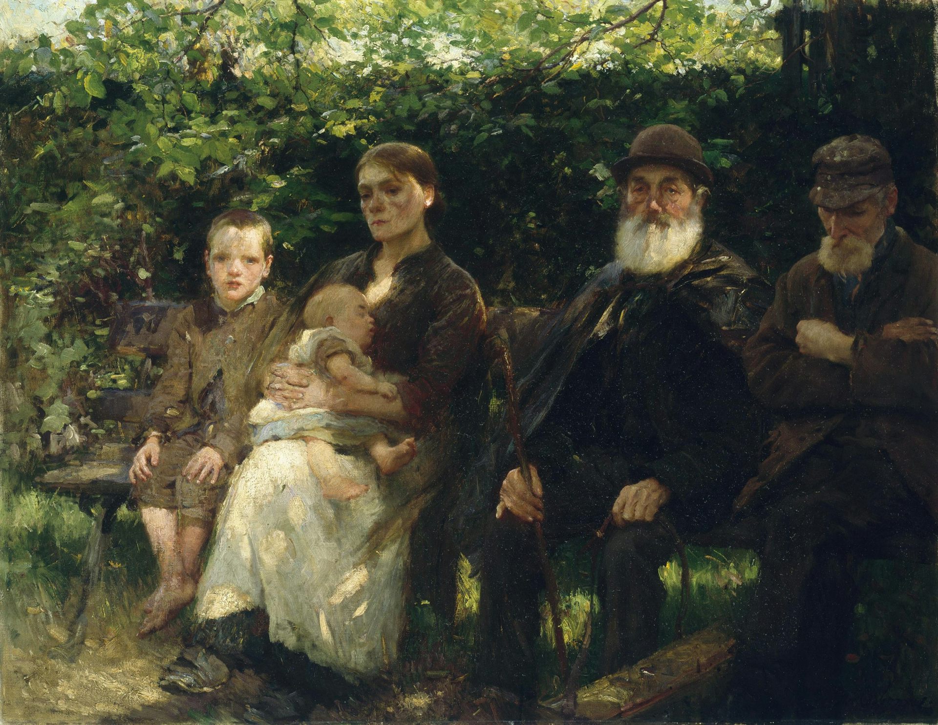 Painting of four members of different generations of one family including a baby sitting in a park