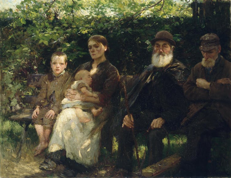 Painting of four members of different generations of one family including a baby sitting in a park