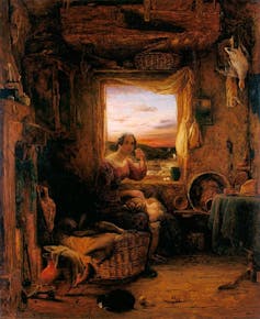 A red sunset visible through the window in a painting of the interior of a cottage