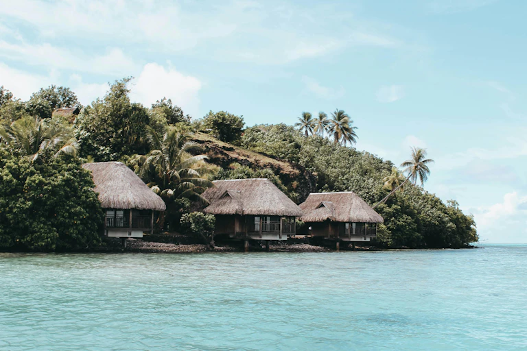 French Polynesia with Cottages Near Sea Shore