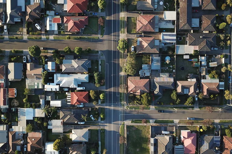suburb aerial view australia, houses cars roads.