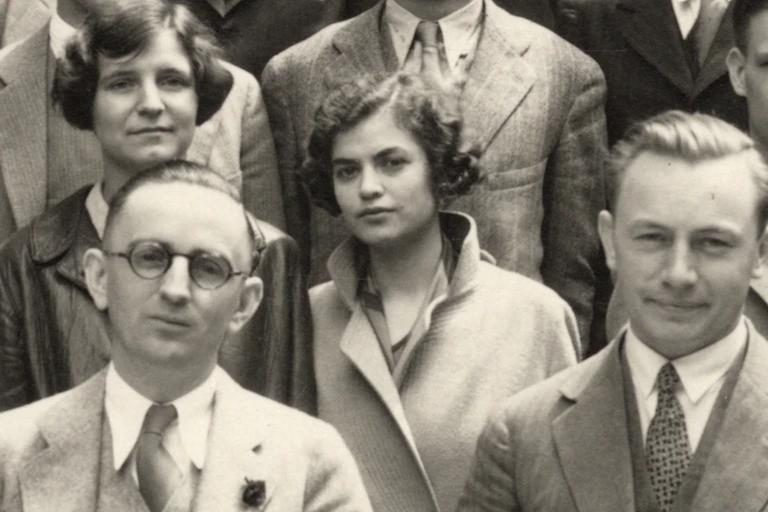 A woman in a 1930s trenchcoat among a group of others looks at the camera in a black and white photo