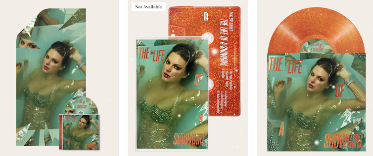 A collage-style product display featuring three music formats, poster, cassette, and vinyl, each showing the same album cover depicting singer Taylor Swift partially submerged in water.