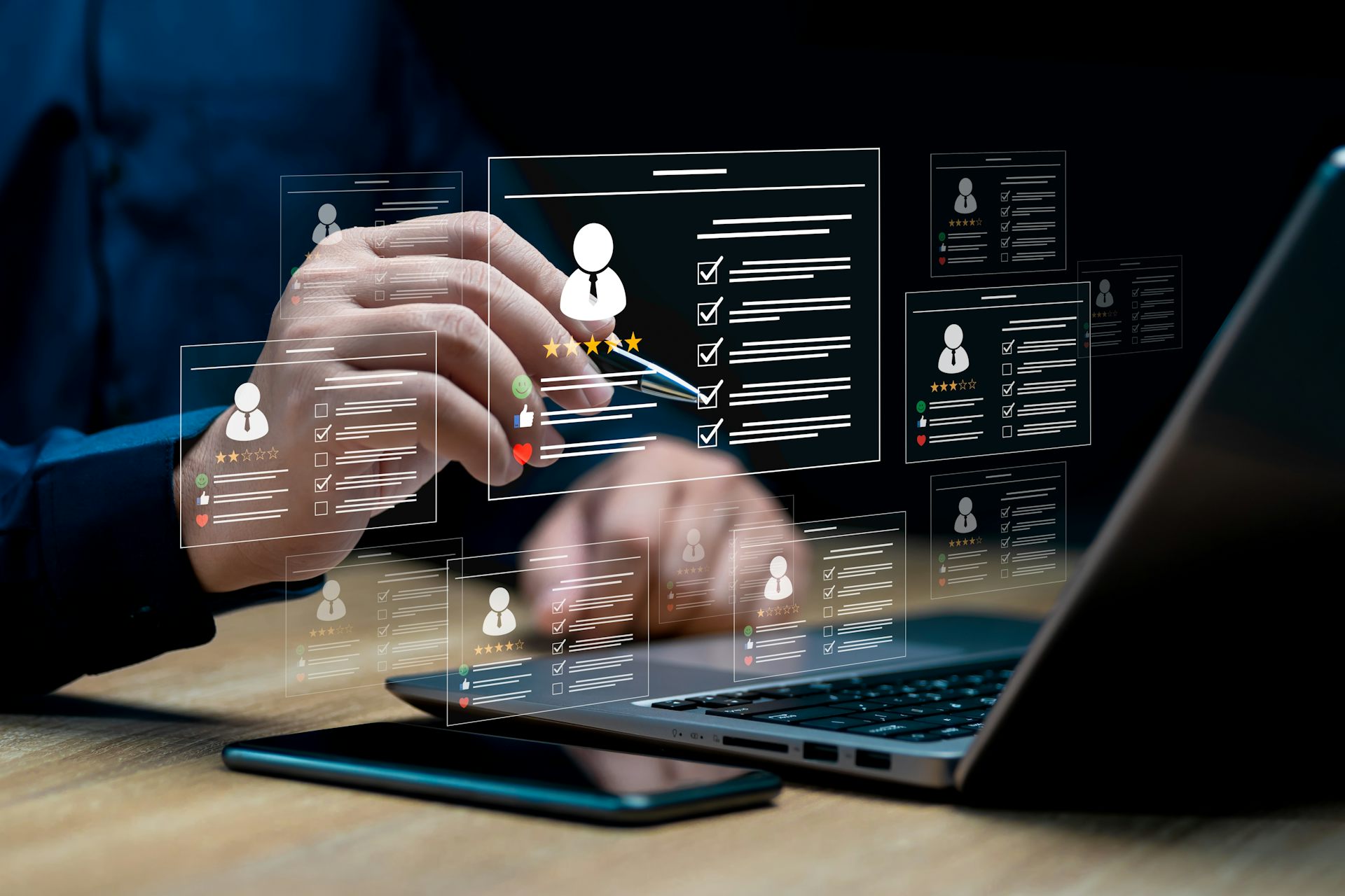 Pantallas flotantes con fichas de personas que salen de un ordenador.