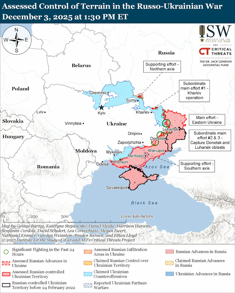 ISW map showing the state of the conflict in Ukraine, December 3 2025.