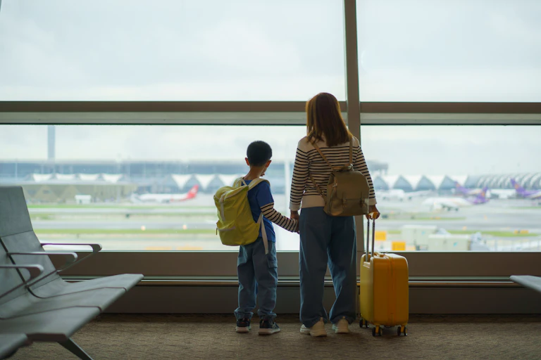 Woman and child in airport