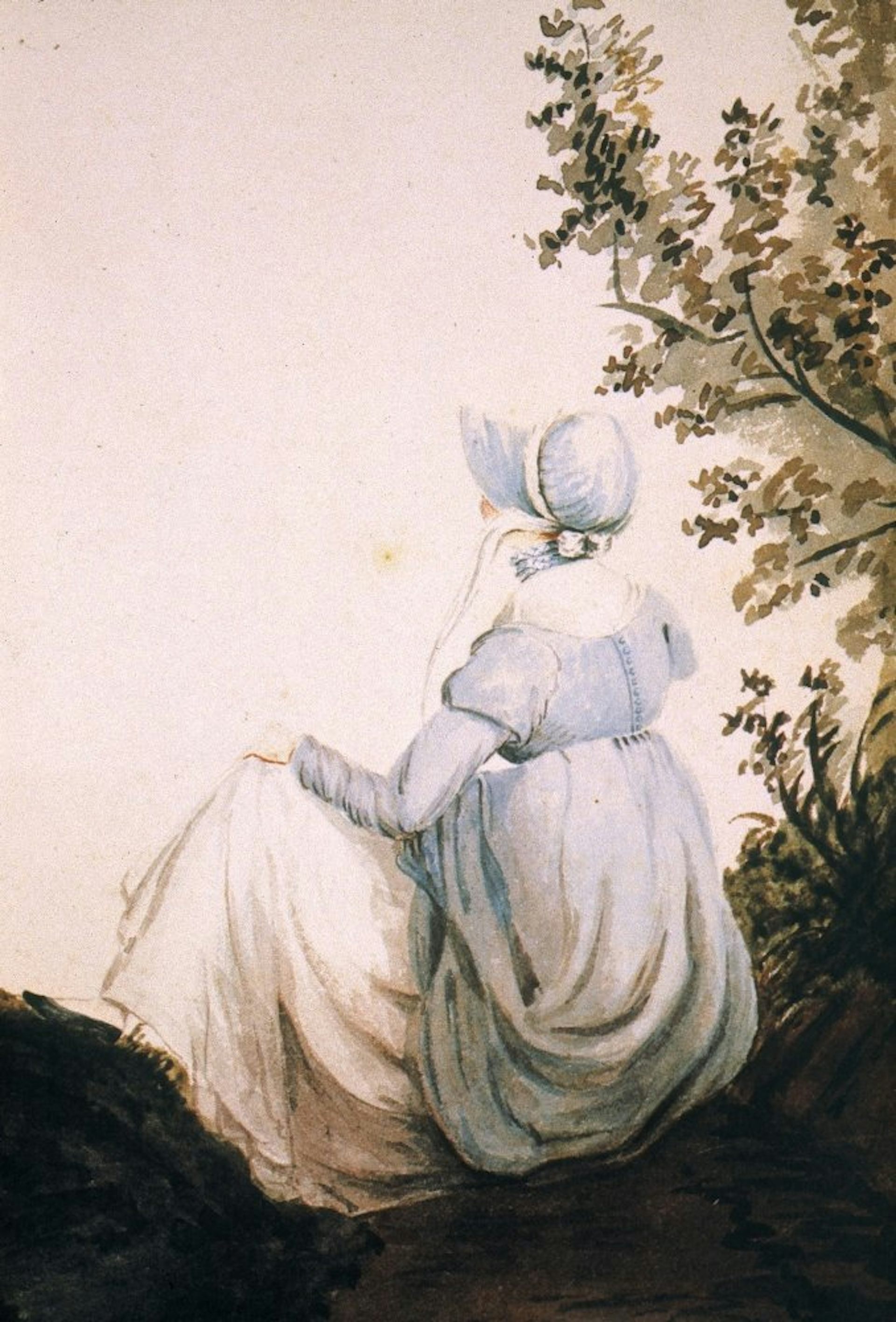 Painting of Jane Austen with her back to us