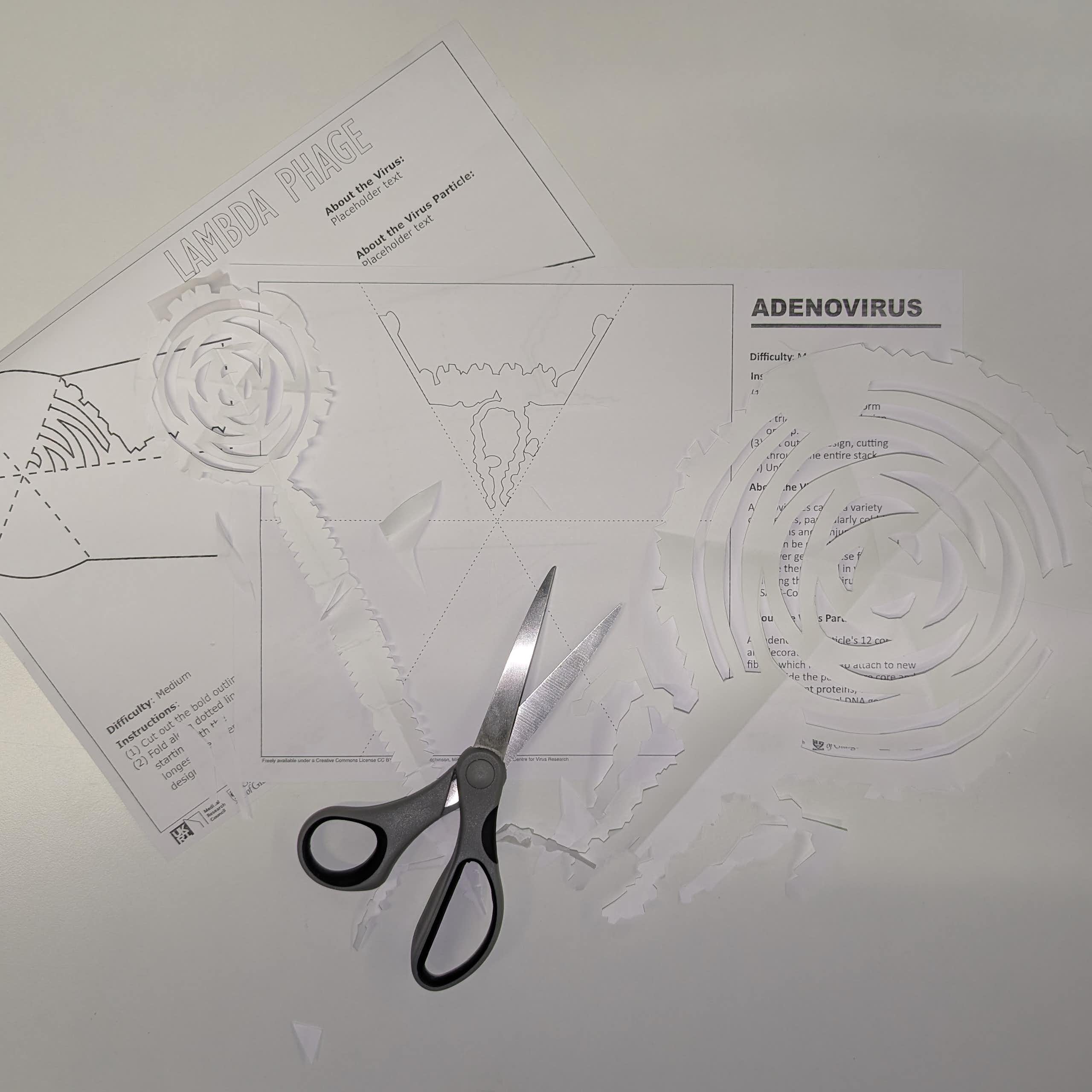 A photograph of papercraft designs, some cut out into snowflake-like shapes, and a pair of scissors.