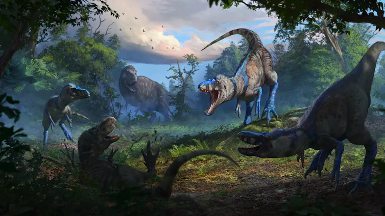 Illustration of dinosaurs preparing for attack.