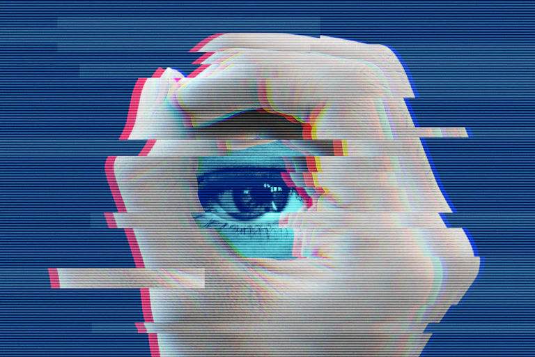 A distorted, glitchy image of a weary-looking eye framed by a hand.