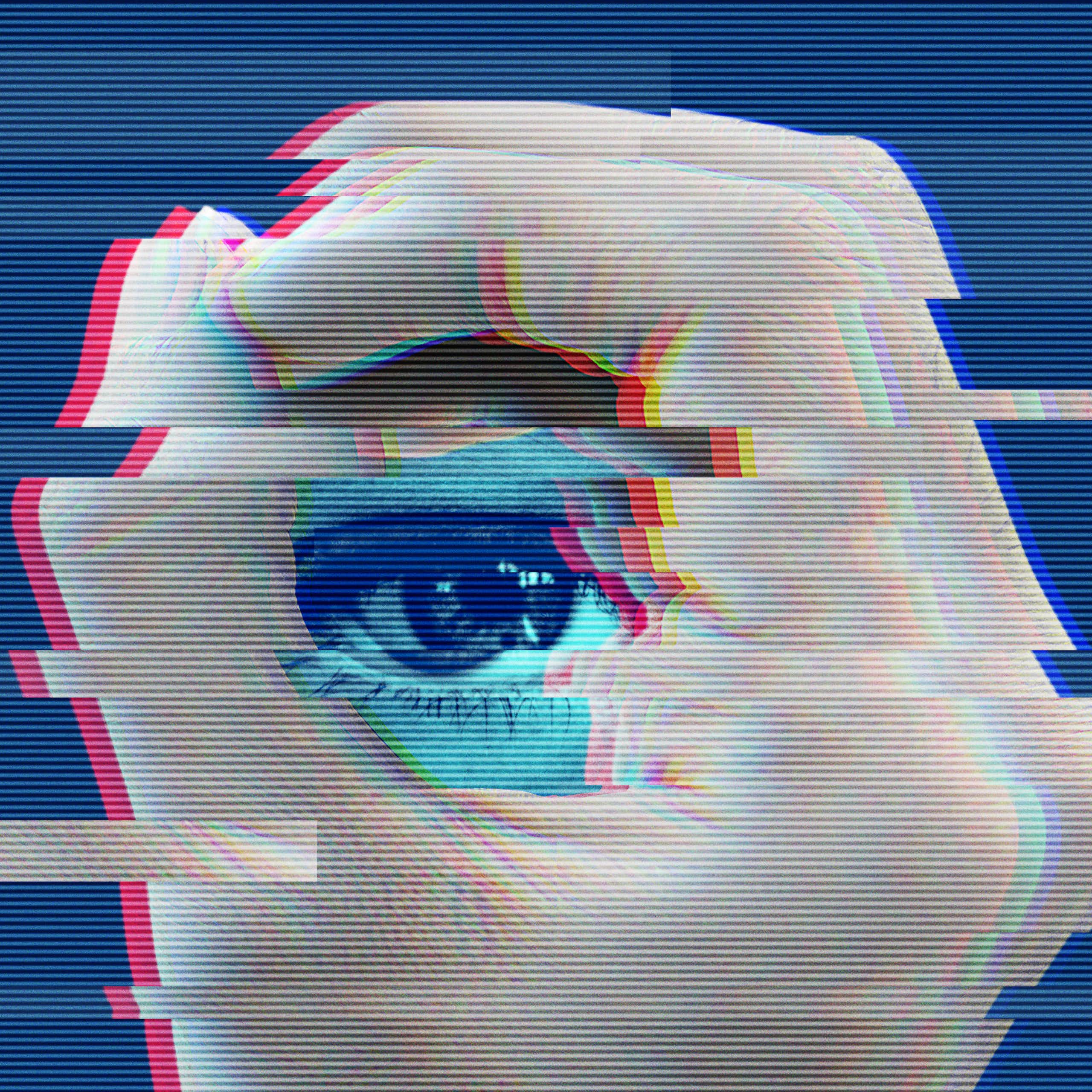 A distorted, glitchy image of a weary-looking eye framed by a hand.