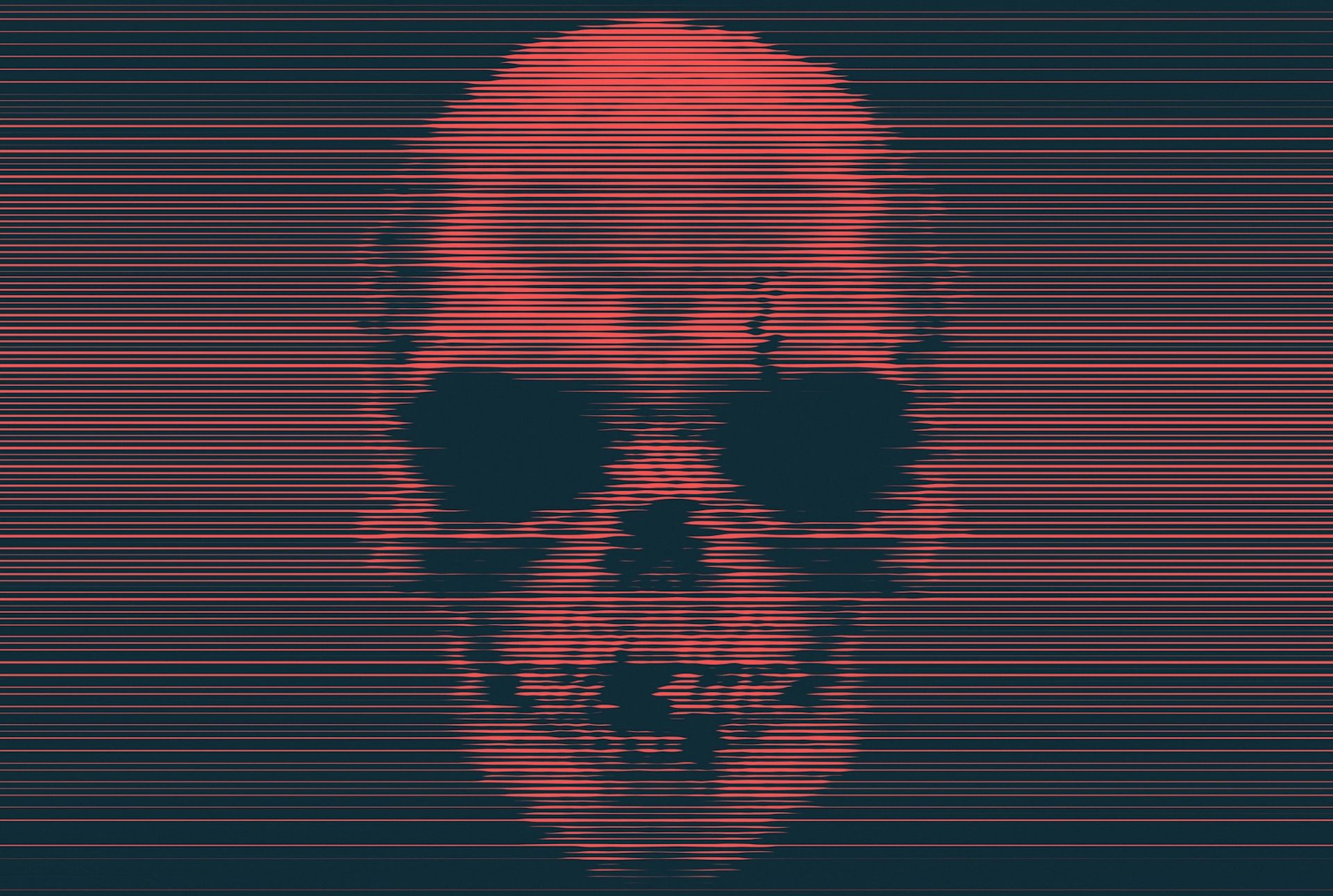 Glitchy image of a red, sinister-looking skull.