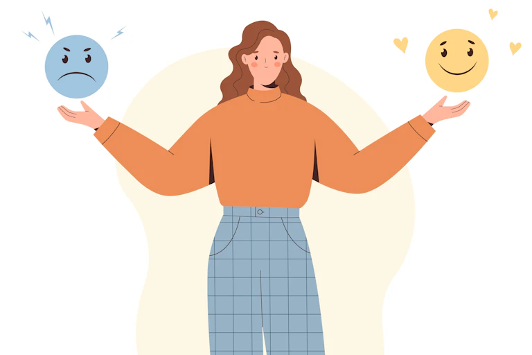 A cartoon drawing of a woman. She is holding both of her hands up at her sides, with a sad face hovering over her left hand and a happy face hovering over her right.