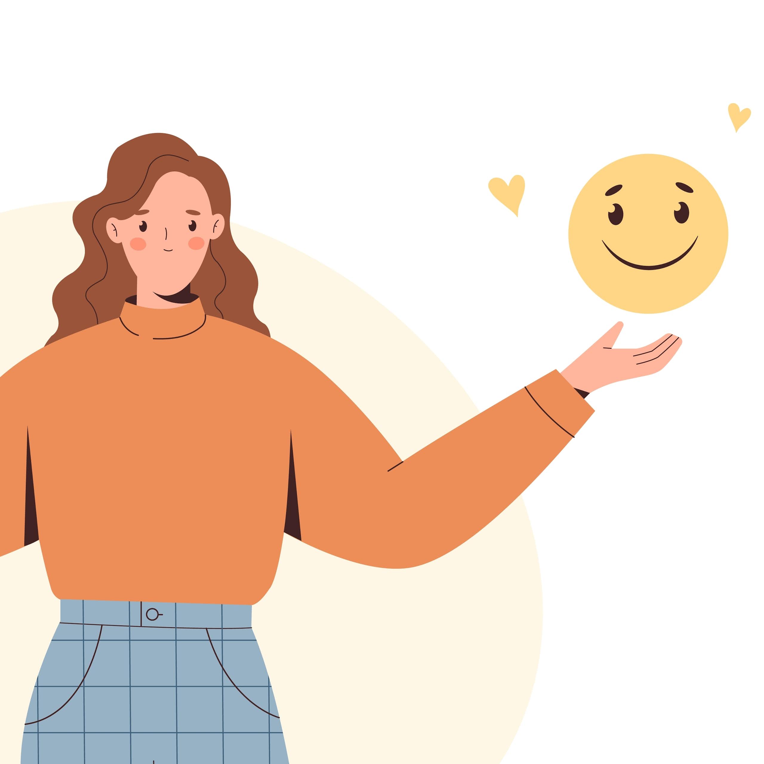 A cartoon drawing of a woman. She is holding both of her hands up at her sides, with a sad face hovering over her left hand and a happy face hovering over her right.