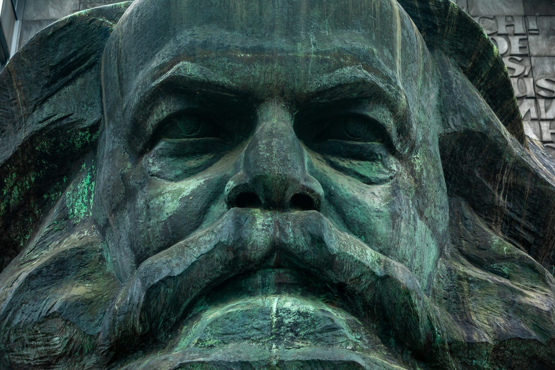 Partial view of Karl Mark bronze statue.