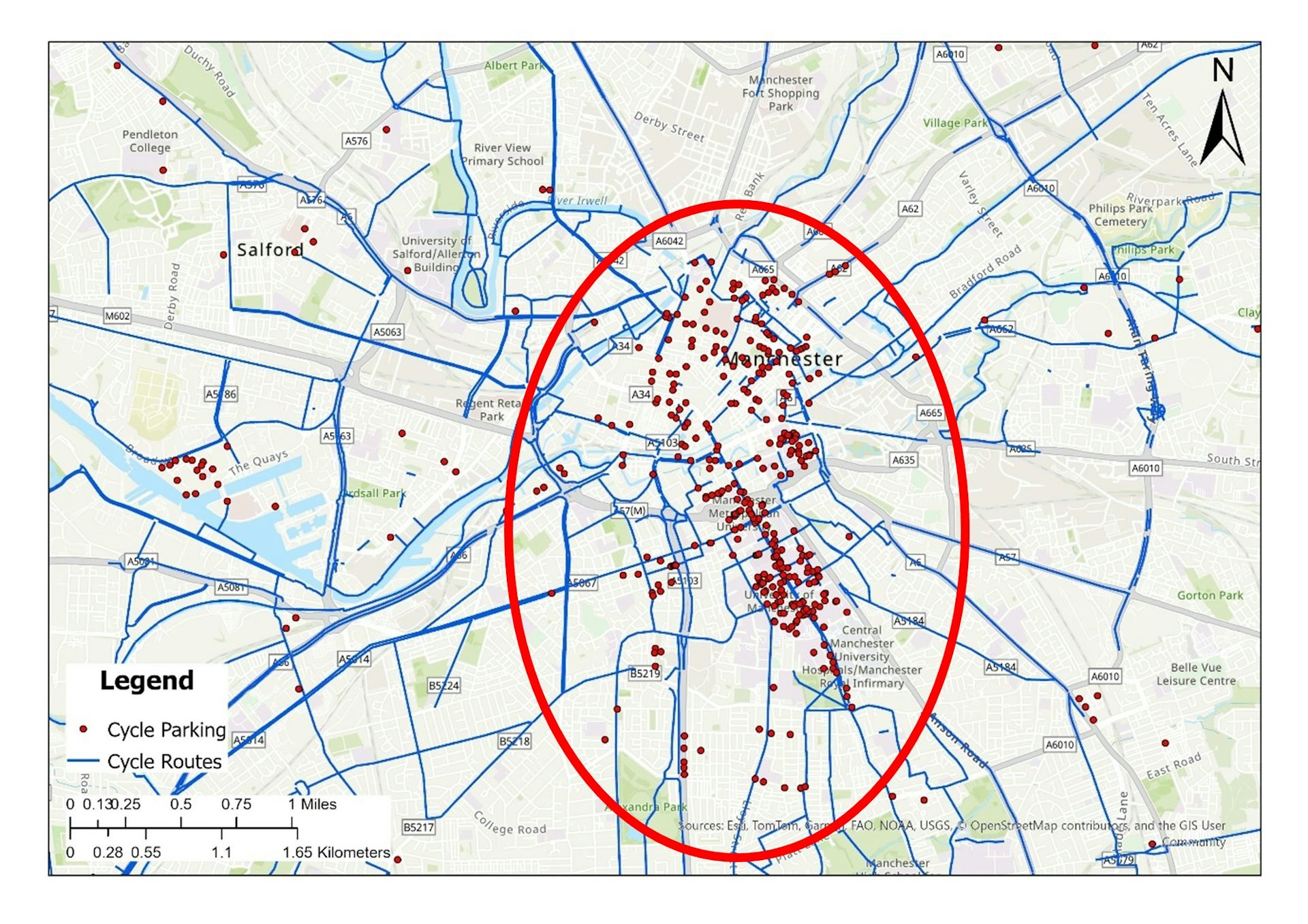 map of Manchester with red circle showing where cycling facilities are concentrated