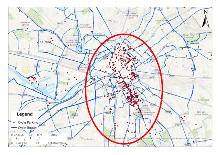 How bus stops and motorbike lanes could make or spoil your festive town travel 1 map of Manchester with red circle showing where cycling facilities are concentrated