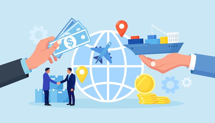 graphic of globe, two hands holding ship, money