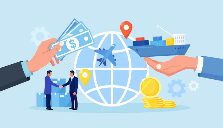 graphic of globe, two hands holding ship, money