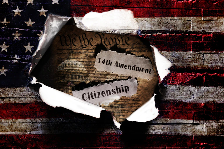 The words '14th Amendment' and 'citizenship' appear on an American flag.