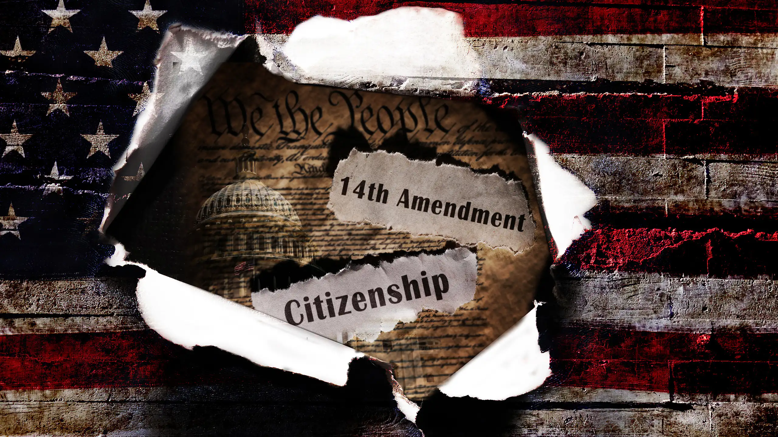 The words '14th Amendment' and 'citizenship' appear on an American flag.