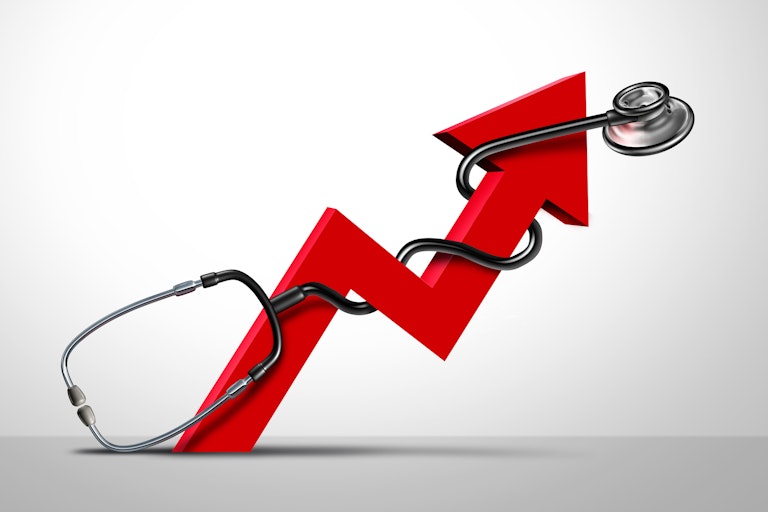 Illustration of red arrow with a stethoscope wrapped around it, zigzagging upward