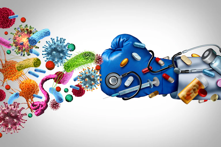Illustration of blue boxing glove extending from arm of a white coat covered with medical symbols (pills, stethoscope, syringe) punching a funnel of microbes