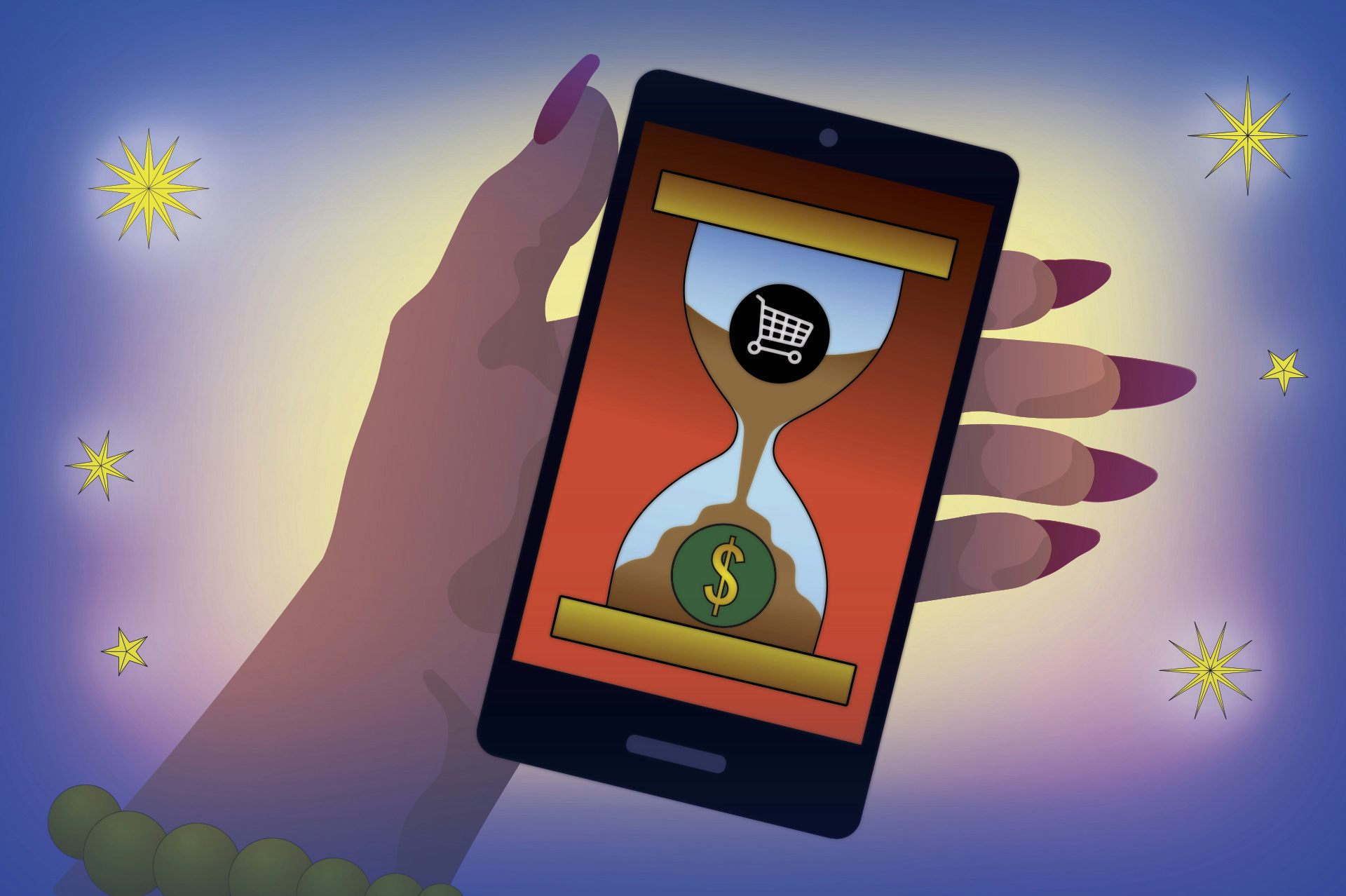 An illustration of a hand holding a phone with an image of an hourglass on it