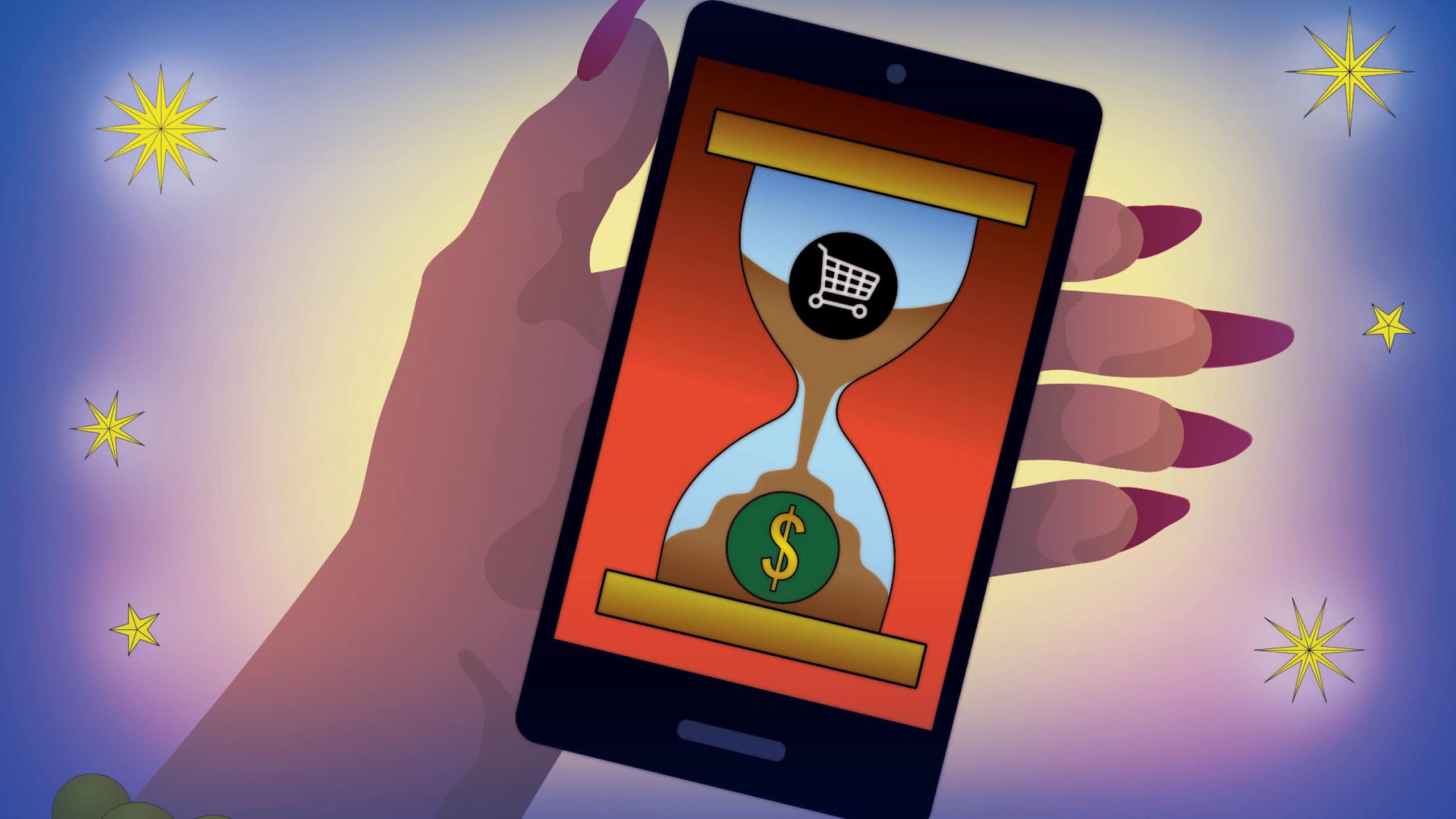An illustration of a hand holding a phone with an image of an hourglass on it