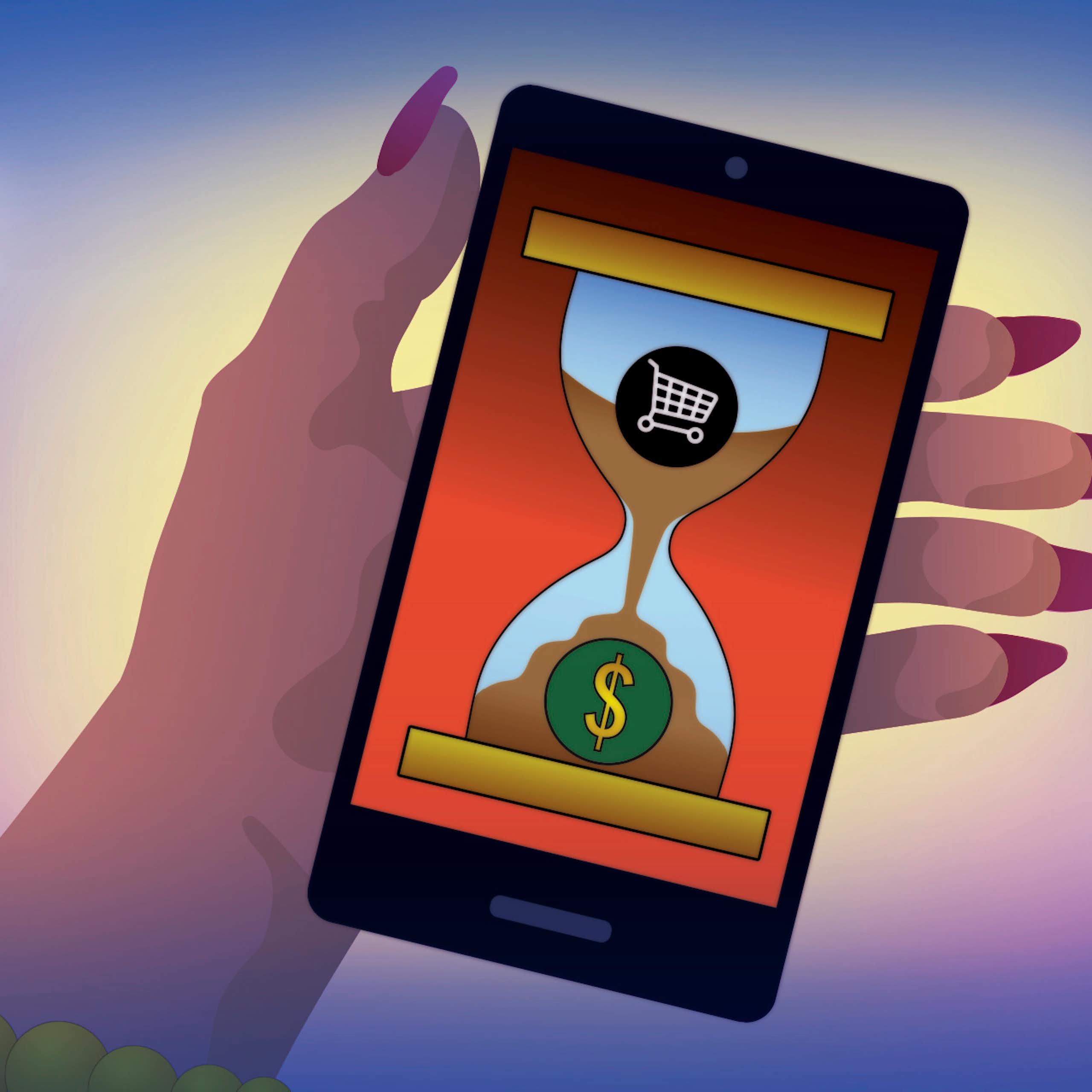 An illustration of a hand holding a phone with an image of an hourglass on it