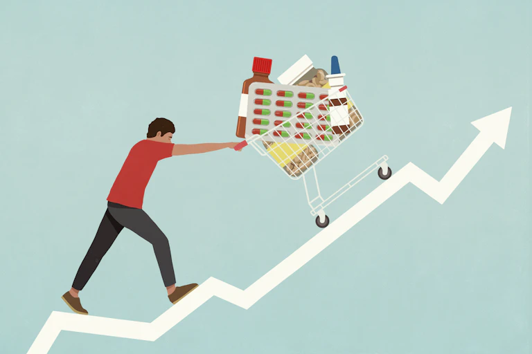 Illustration of a man pushing a cart filled with prescription medications up an ascending arrow.