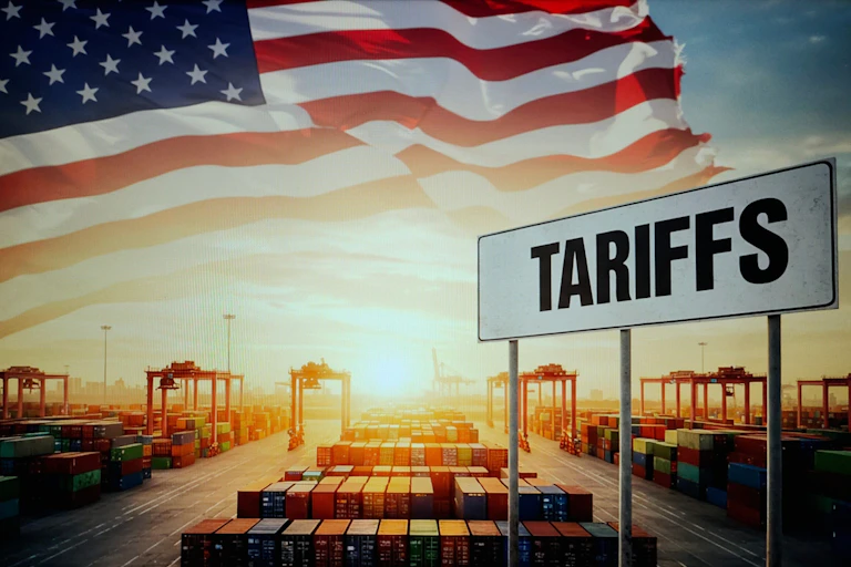 Illustration showing US flag, shipping containers and a tariff sign.