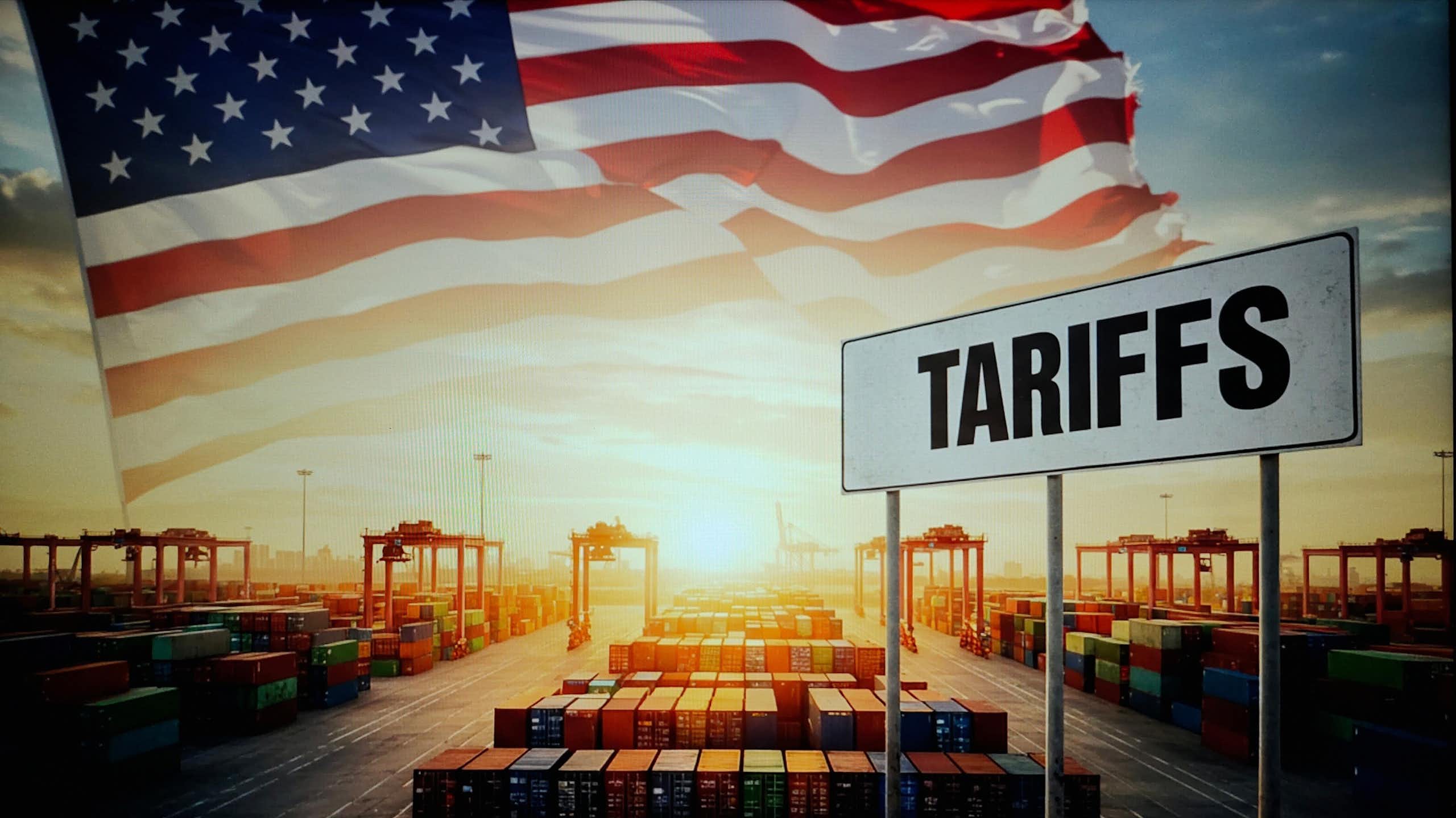 Illustration showing US flag, shipping containers and a tariff sign.