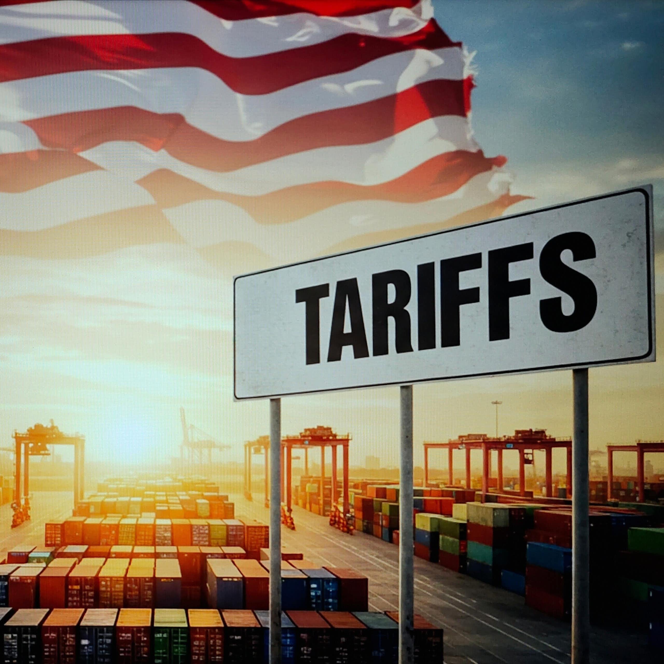 Illustration showing US flag, shipping containers and a tariff sign.