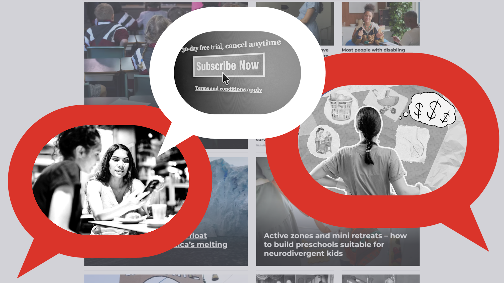 Composite image represents Indigenous person using a smartphone, one-click sign-ups and a woman contemplating domestic tasks. 