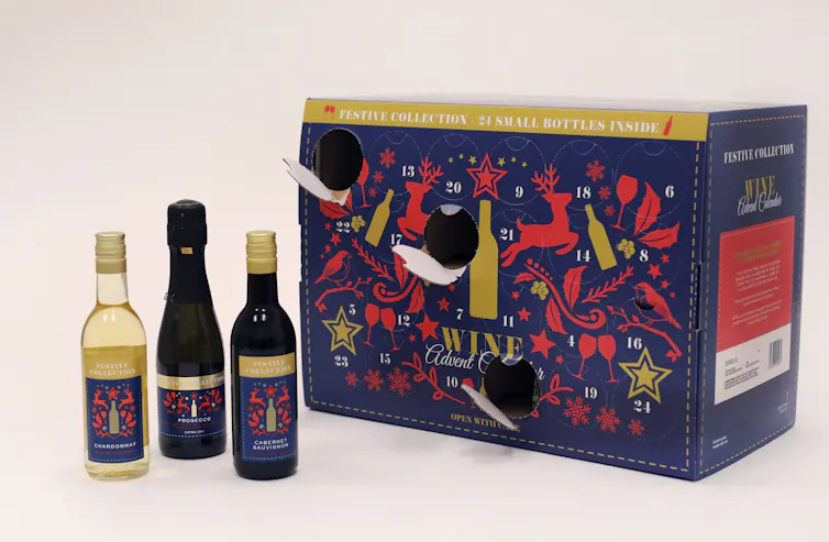 An Advent calendar with mini wine bottles.