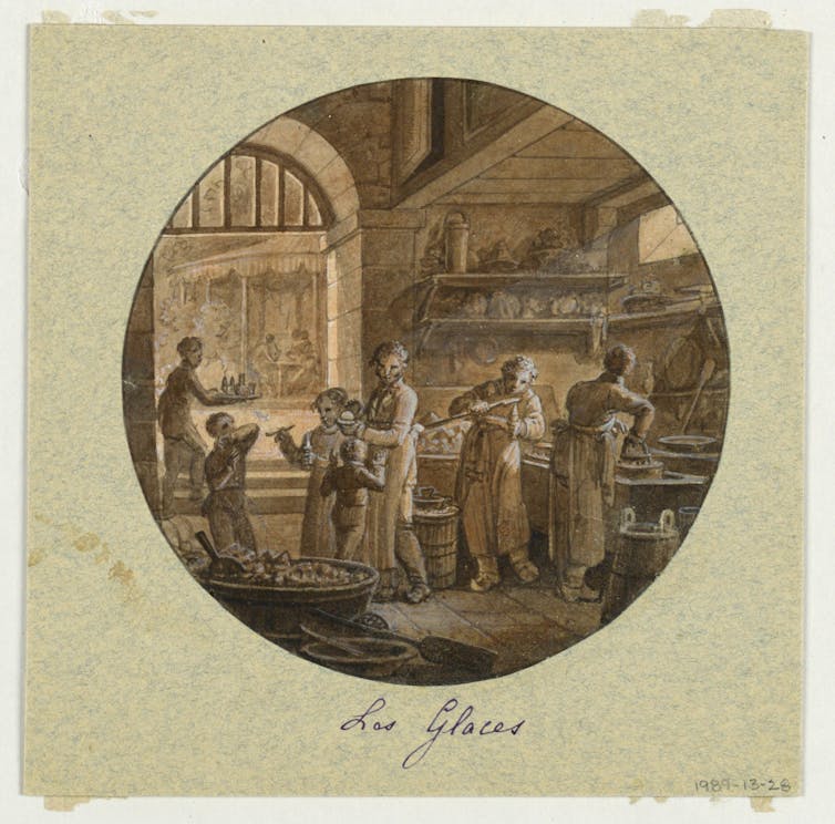 Various cooks and connoisseurs in an ice-cream shop.