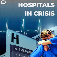 A composite of a health worker looking stressed