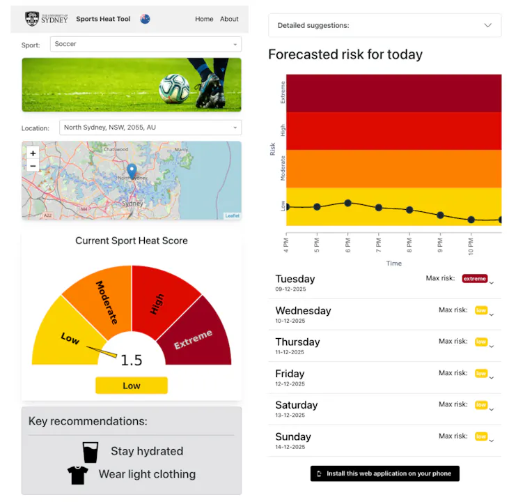Screenshot shows the score and risk rating from the Sports Heat Tool.