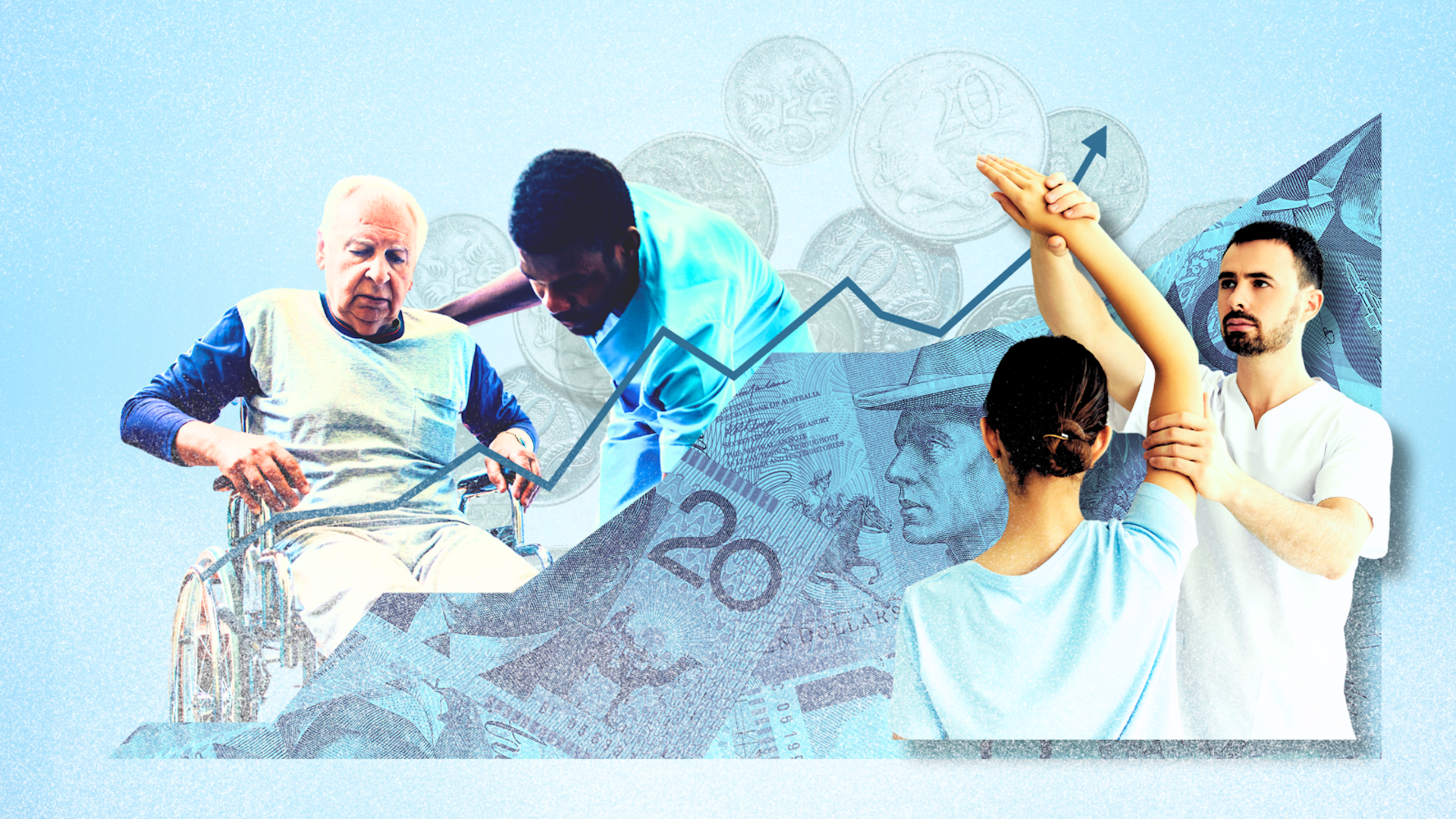 Composite image showing clinicians assessing patients with money in the background and a graph pointing upwards