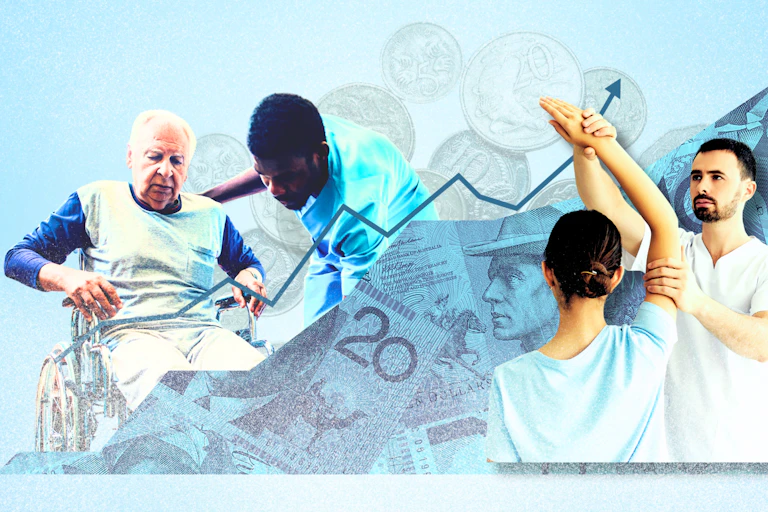 Composite image showing clinicians assessing patients with money in the background and a graph pointing upwards
